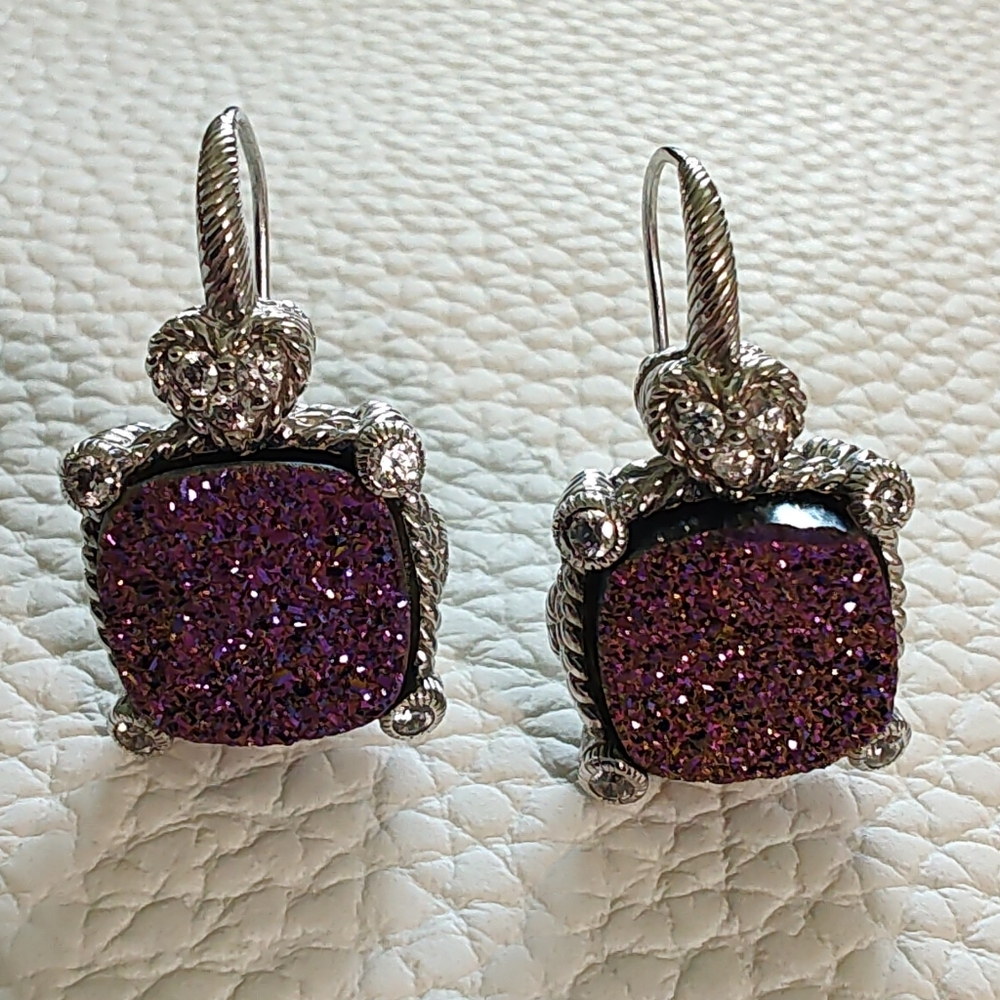 Signed Judith Ripka purple drusy 925 Silver CZ Thailand earrings Diamonique Sim